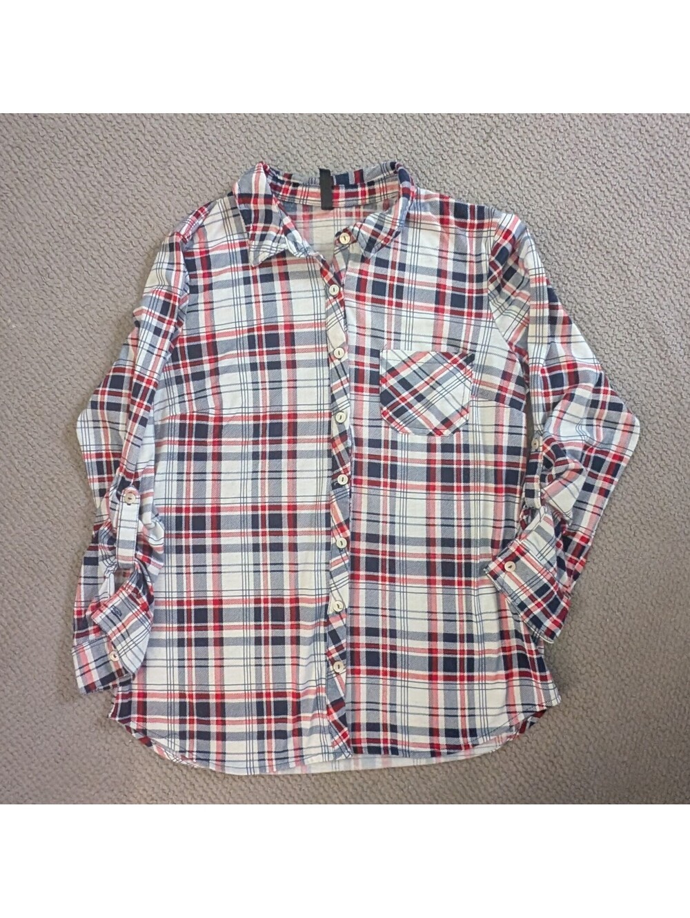 After Ego Plaid Button-Up Shirt Size Large Red Blue White Long Sleeve Casual